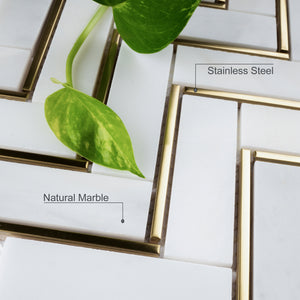NBG-4 Herringbone White and Gold Metal Stainless Steel Polished Marble Tile