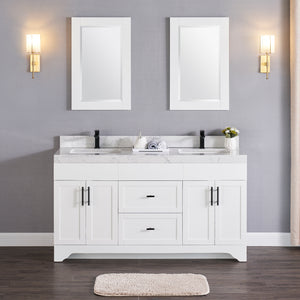 1905-60D-01 Matt White 60" Bathroom Vanity Set Solid Wood Cabinet and Double Side 2 Sinks with Quartz Counter Top w Optional Mirror