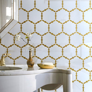 TNDOG-07 Snowflake white and gold marble mosaic tile backsplash