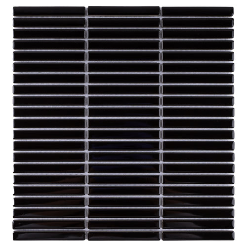 JAPM503  Glossy Black 11.2-in x 11.91-in Stacked Porcelain Mosaic Wall and Floor Tile