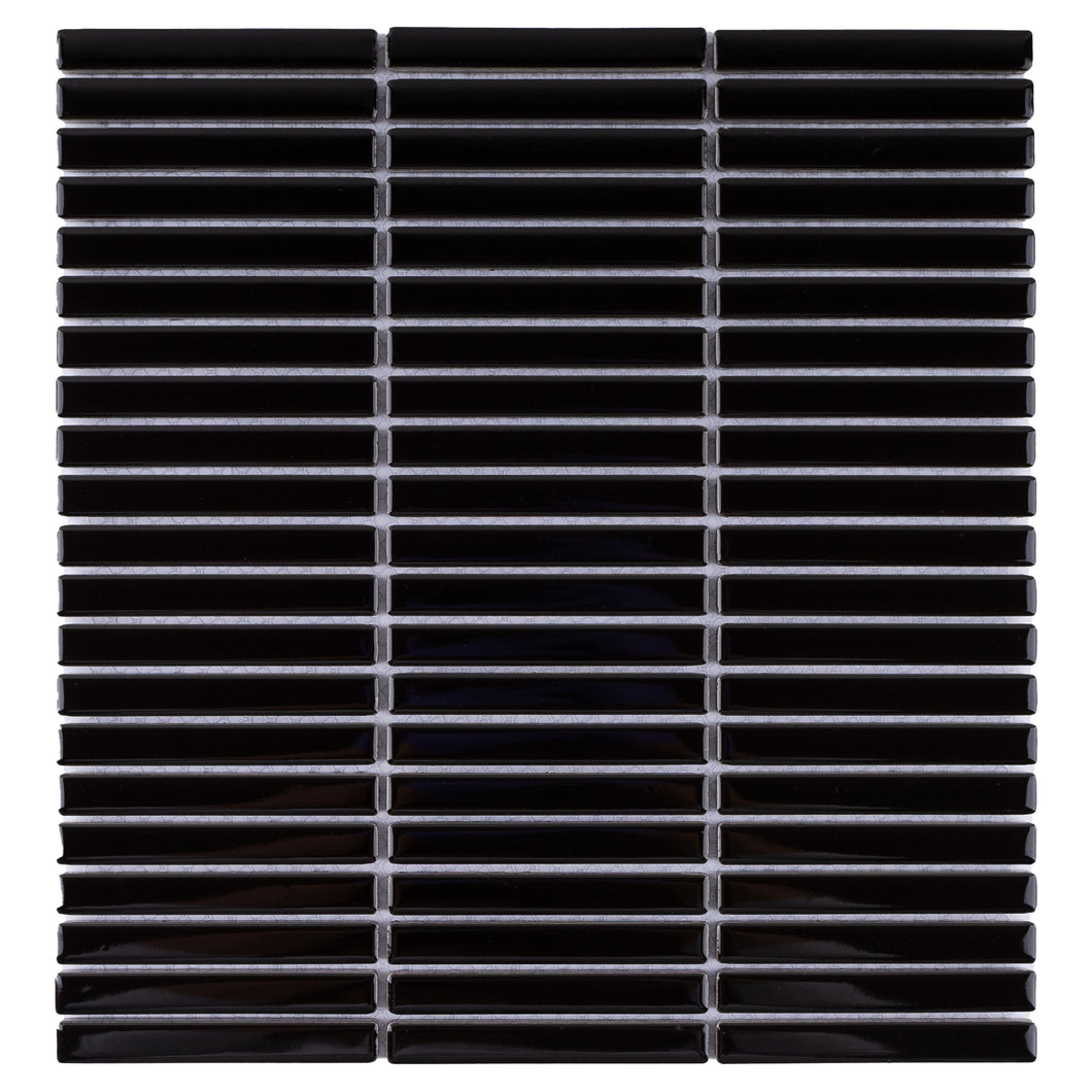 JAPM503  Glossy Black 11.2-in x 11.91-in Stacked Porcelain Mosaic Wall and Floor Tile