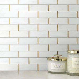 NBG-2 2x6 White and Gold Metal Stainless Steel Polished Marble Tile