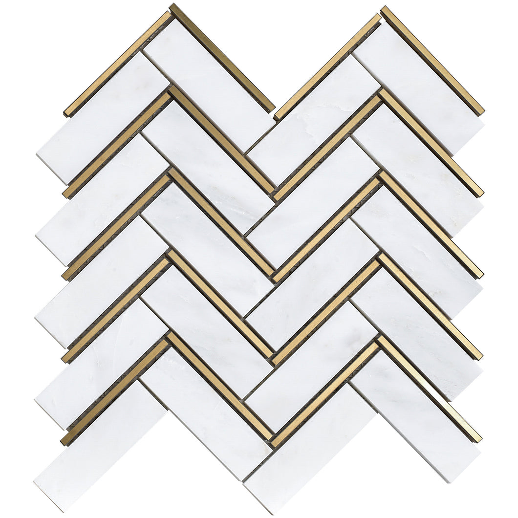 NBG-4 Herringbone White and Gold Metal Stainless Steel Polished Marble Tile