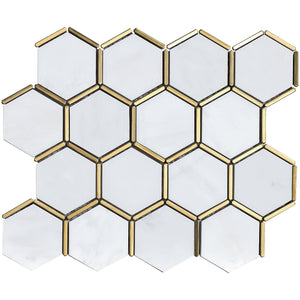 NBG-6 3" Honeycomb Hexagon White and Gold Metal Stainless Steel Polished Marble Tile