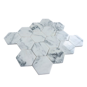 TNMSG-02  3" hexagon honeycomb white marble mosaic tile backsplash