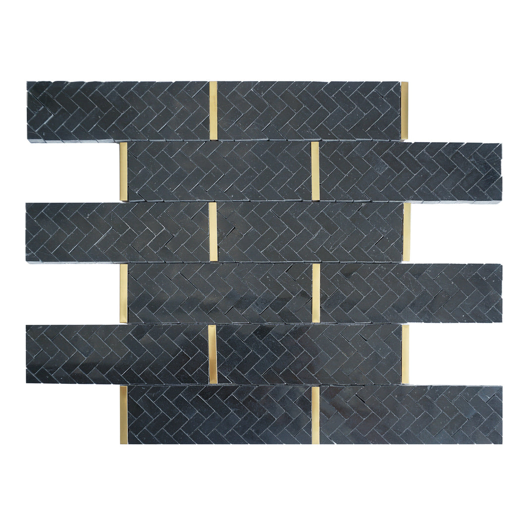 TNNGG-08 Natural Bianco 2x4 Brick Joint Black and Gold Polished Marble Backsplash Wall Tile