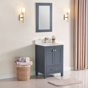 1901-24-02QZ Dark Grey 24" Bathroom Vanity Cabinet and Sink Combo Solid Wood Cabinet+Quartz Top+ backsplash w/Sink Mirror set