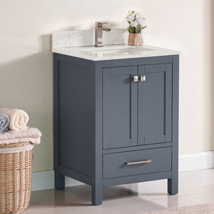 1901-24-02QZ Dark Grey 24" Bathroom Vanity Cabinet and Sink Combo Solid Wood Cabinet+Quartz Top w/Sink Mirror set