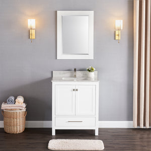 1901-30-01QZ Matt White 30" Bathroom Vanity Cabinet and Sink Combo Solid Wood Cabinet+Quartz Top w/Sink set