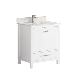 1901-30-01QZ Matt White 30" Bathroom Vanity Cabinet and Sink Combo Solid Wood Cabinet+Quartz Top+ Quartz backsplash w/Sink set