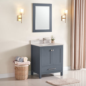 1901-30-02QZ Dark Grey 30" Bathroom Vanity Cabinet and Sink Combo Solid Wood Cabinet+Quartz Top+ Quartz backsplash w/Sink set