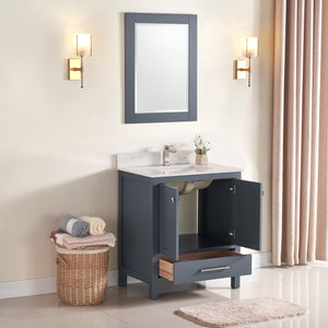 1901-30-02QZ Dark Grey 30" Bathroom Vanity Cabinet and Sink Combo Solid Wood Cabinet+Quartz Top+ Quartz backsplash w/Sink set