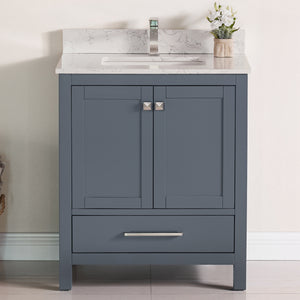 1901-30-02QZ Dark Grey 30" Bathroom Vanity Cabinet and Sink Combo Solid Wood Cabinet+Quartz Top+ Quartz backsplash w/Sink set