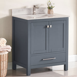 1901-30-02QZ Dark Grey 30" Bathroom Vanity Cabinet and Sink Combo Solid Wood Cabinet+Quartz Top+ Quartz backsplash w/Sink set