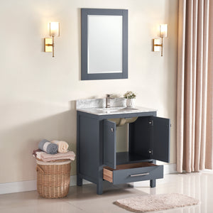 1901-30-02 Dark Grey 30" Bathroom Vanity Cabinet and Sink Combo Solid Wood Cabinet+Real Marble Top w/Sink set