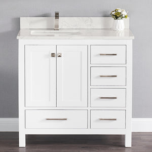 1901-36L-01QZ Matt White 36" Bathroom Vanity Cabinet and Left Side Sink Combo Solid Wood Cabinet w/Sink set