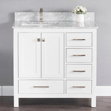 1901-36L-01 Matt White 36" Bathroom Vanity Cabinet and Left Side Sink Combo Solid Wood Cabinet+Real Marble Top+ Marble backsplash w/Sink set