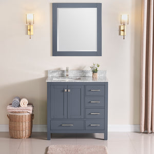1901-36L-02 Dark Grey 36" Bathroom Vanity Cabinet and Left Side Sink Combo Solid Wood Cabinet+Real Marble Top+ Marble backsplash w/Sink set