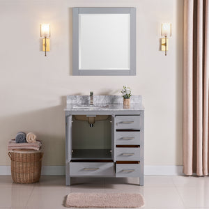 1901-36L-03 Light Grey 36" Bathroom Vanity Cabinet and Left Side Sink Combo Solid Wood Cabinet+Real Marble Top+ Marble backsplash w/Sink set