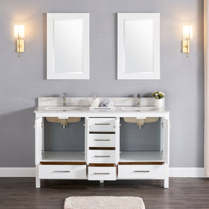 1901-60D-01QZ Matt White 60" Bathroom Vanity Cabinet and double Side 2 Sinks Combo Solid Wood Cabinet+Quartz top and backsplash w/Sink set