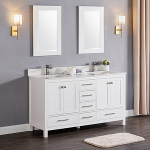 1901-60D-01QZ Matt White 60" Bathroom Vanity Cabinet and double Side 2 Sinks Combo Solid Wood Cabinet+Quartz top w/Sink set