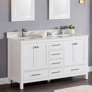1901-60D-01QZ Matt White 60" Bathroom Vanity Cabinet and double Side 2 Sinks Combo Solid Wood Cabinet+Quartz top w/Sink set