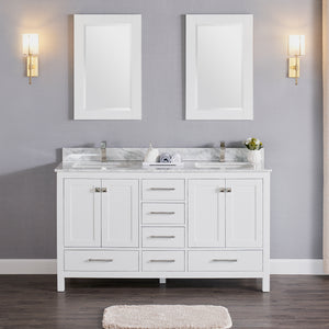 1901-60D-01 Matt White 60" Bathroom Vanity Cabinet and double Side 2 Sinks Combo Solid Wood Cabinet+Real Marble Top w/Sink set
