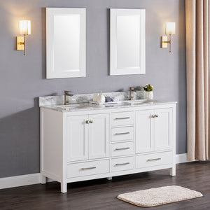 1901-60D-01 Matt White 60" Bathroom Vanity Cabinet and double Side 2 Sinks Combo Solid Wood Cabinet+Real Marble Top w/Sink set