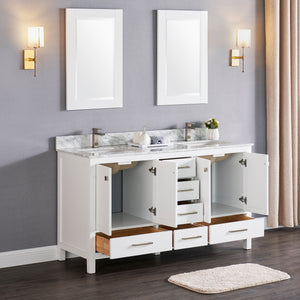 1901-60D-01 Matt White 60" Bathroom Vanity Cabinet and double Side 2 Sinks Combo Solid Wood Cabinet+Real Marble Top w/Sink set