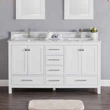 1901-60D-01 Matt White 60" Bathroom Vanity Cabinet and double Side 2 Sinks Combo Solid Wood Cabinet+Real Marble Top w/Sink set