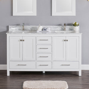 1901-60D-01 Matt White 60" Bathroom Vanity Cabinet and double Side 2 Sinks Combo Solid Wood Cabinet+Real Marble Top w/Sink set