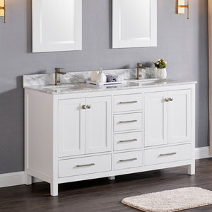 1901-60D-01 Matt White 60" Bathroom Vanity Cabinet and double Side 2 Sinks Combo Solid Wood Cabinet+Real Marble Top w/Sink set