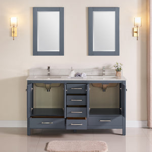 1901-60D-02QZ Dark Grey 60" Bathroom Vanity Cabinet and double Side 2 Sinks Combo Solid Wood Cabinet+Quartz top and backsplash w/Sink set