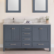1901-60D-02QZ Dark Grey 60" Bathroom Vanity Cabinet and double Side 2 Sinks Combo Solid Wood Cabinet+Quartz top and backsplash w/Sink set