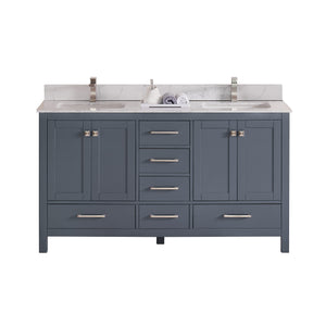 1901-60D-02QZ Dark Grey 60" Bathroom Vanity Cabinet and double Side 2 Sinks Combo Solid Wood Cabinet+Quartz top and backsplash w/Sink set