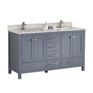 1901-60D-02QZ Dark Grey 60" Bathroom Vanity Cabinet and double Side 2 Sinks Combo Solid Wood Cabinet+Quartz top and backsplash w/Sink set