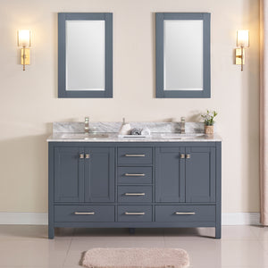 1901-60D-02 Dark Grey 60" Bathroom Vanity Cabinet and double Side 2 Sinks Combo Solid Wood Cabinet+Real Marble Top+ Marble backsplash w/Sink set