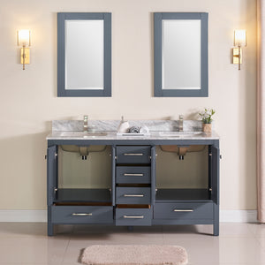 1901-60D-02 Dark Grey 60" Bathroom Vanity Cabinet and double Side 2 Sinks Combo Solid Wood Cabinet+Real Marble Top+ Marble backsplash w/Sink set