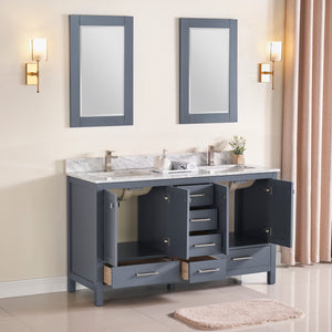 1901-60D-02 Dark Grey 60" Bathroom Vanity Cabinet and double Side 2 Sinks Combo Solid Wood Cabinet+Real Marble Top+ Marble backsplash w/Sink set