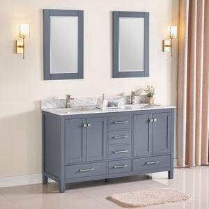 1901-60D-02 Dark Grey 60" Bathroom Vanity Cabinet and double Side 2 Sinks Combo Solid Wood Cabinet+Real Marble Top+ Marble backsplash w/Sink set