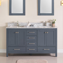 1901-60D-02 Dark Grey 60" Bathroom Vanity Cabinet and double Side 2 Sinks Combo Solid Wood Cabinet+Real Marble Top+ Marble backsplash w/Sink set