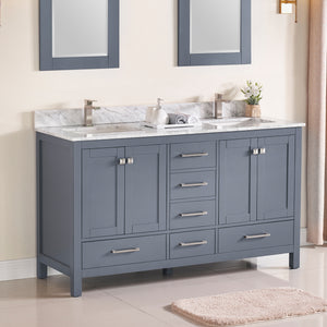 1901-60D-02 Dark Grey 60" Bathroom Vanity Cabinet and double Side 2 Sinks Combo Solid Wood Cabinet+Real Marble Top+ Marble backsplash w/Sink set
