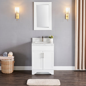 1905-24-01 Matt White 24" Bathroom Vanity Set Solid Wood Vanity Cabinet with Natural White Carrara Quartz Counter Top and White Under Mount Basin Set with Optional Mirror