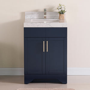 1905-24-04 Marine Blue 24" Bathroom Vanity Set Solid Wood Vanity Cabinet with Natural White Carrara Quartz Counter Top and White Under Mount Basin Set with Optional Mirror