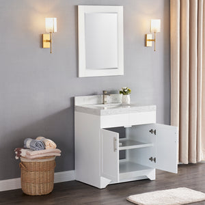 1905-30-01 Matt White 30" Bathroom Vanity Set with Solid Wood Cabinet and Natural White Carrara Counter Top and White Under Mount Sink Set with Optional Mirror