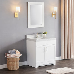 1905-30-01 Matt White 30" Bathroom Vanity Set with Solid Wood Cabinet and Natural White Carrara Counter Top and White Under Mount Sink Set with Optional Mirror