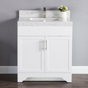 1905-30-01 Matt White 30" Bathroom Vanity Set with Solid Wood Cabinet and Natural White Carrara Counter Top and White Under Mount Sink Set with Optional Mirror