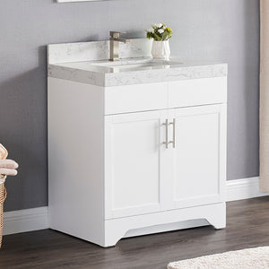 1905-30-01 Matt White 30" Bathroom Vanity Set with Solid Wood Cabinet and Natural White Carrara Counter Top and White Under Mount Sink Set with Optional Mirror