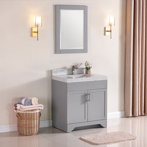 1905-30-03 Light Grey 30" Bathroom Vanity Set with Solid Wood Cabinet and Natural White Carrara Counter Top and White Under Mount Sink Set with Optional Mirror
