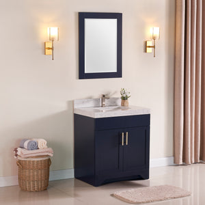 1905-30-04 Marine Blue 30" Bathroom Vanity Set with Solid Wood Cabinet and Natural White Carrara Counter Top and White Under Mount Sink Set with Optional Mirror